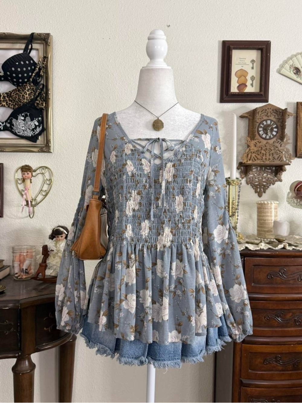 Fairy boho whimsical floral semi sheer flowy balloon sleeve blouse
